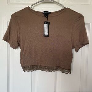 NWT PRETTYLITTLETHING Crop Top Size Medium Mocha Jersey Lace Trim Long PJ Top